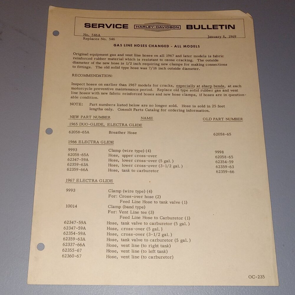 Harley Davidson Service Bulletin Paper, 1969 Rare
